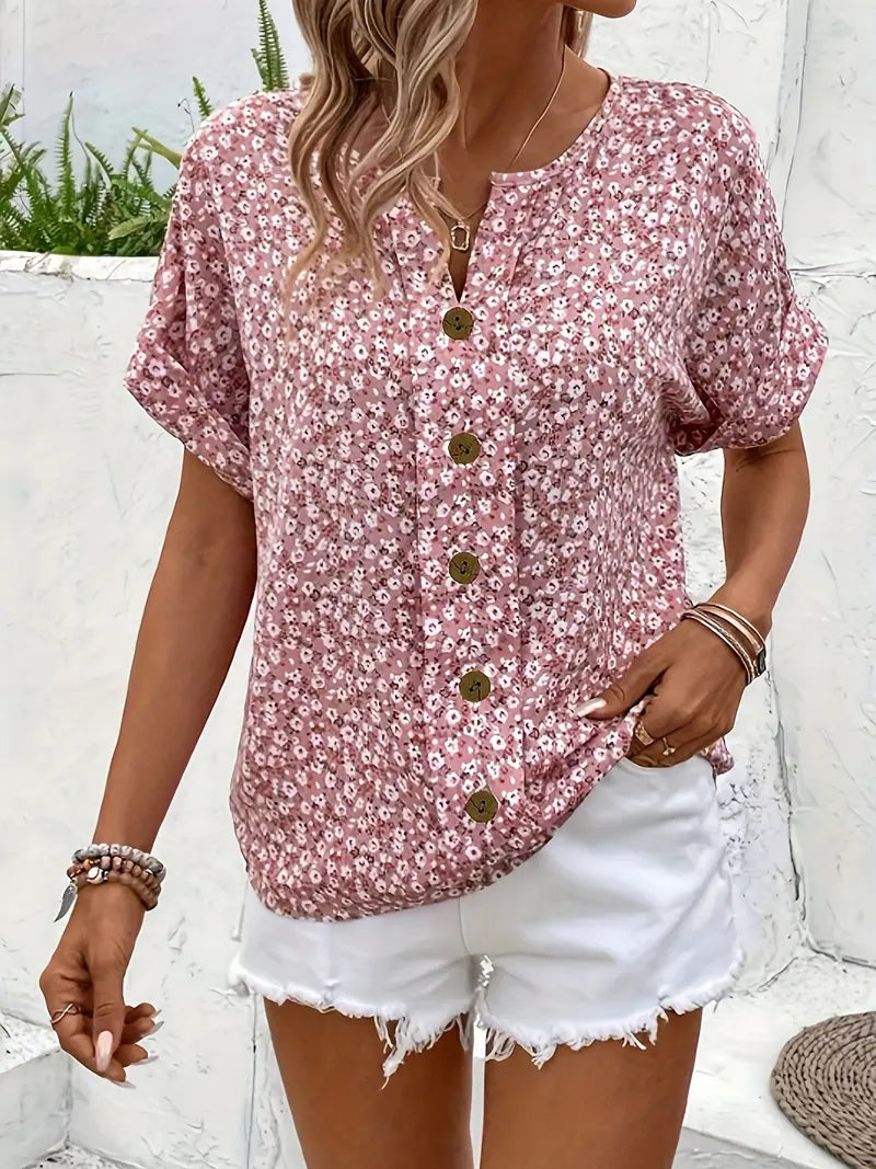 Damen Bluse – Lockere Kurzarm-Blumenbluse für Freizeit & Sommer