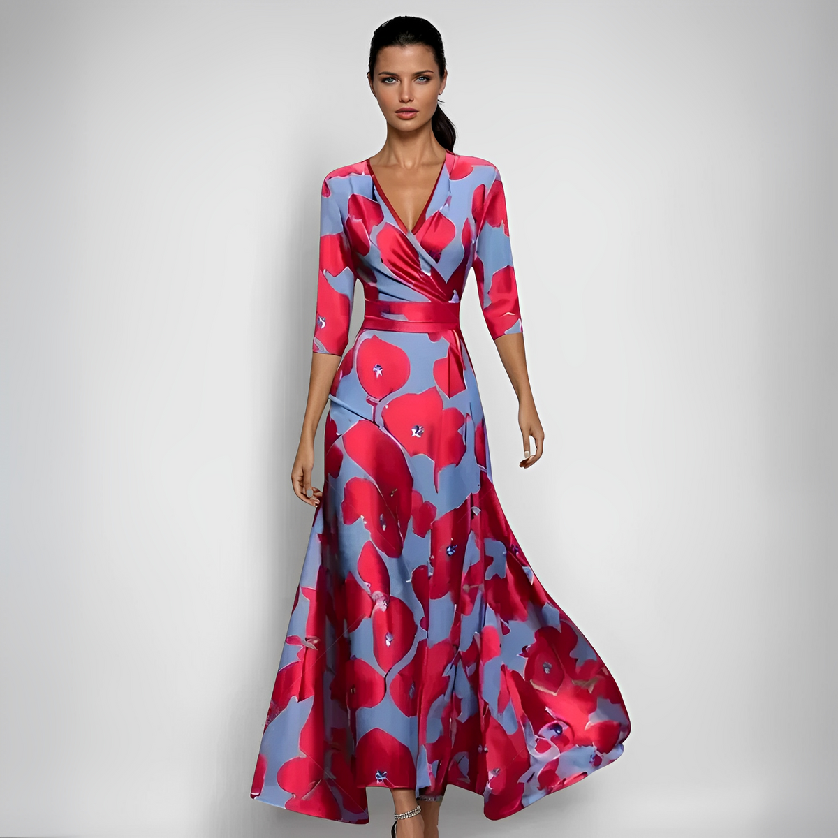 Delores - Langes Kleid mit floraler Gestaltung und langen Ärmeln