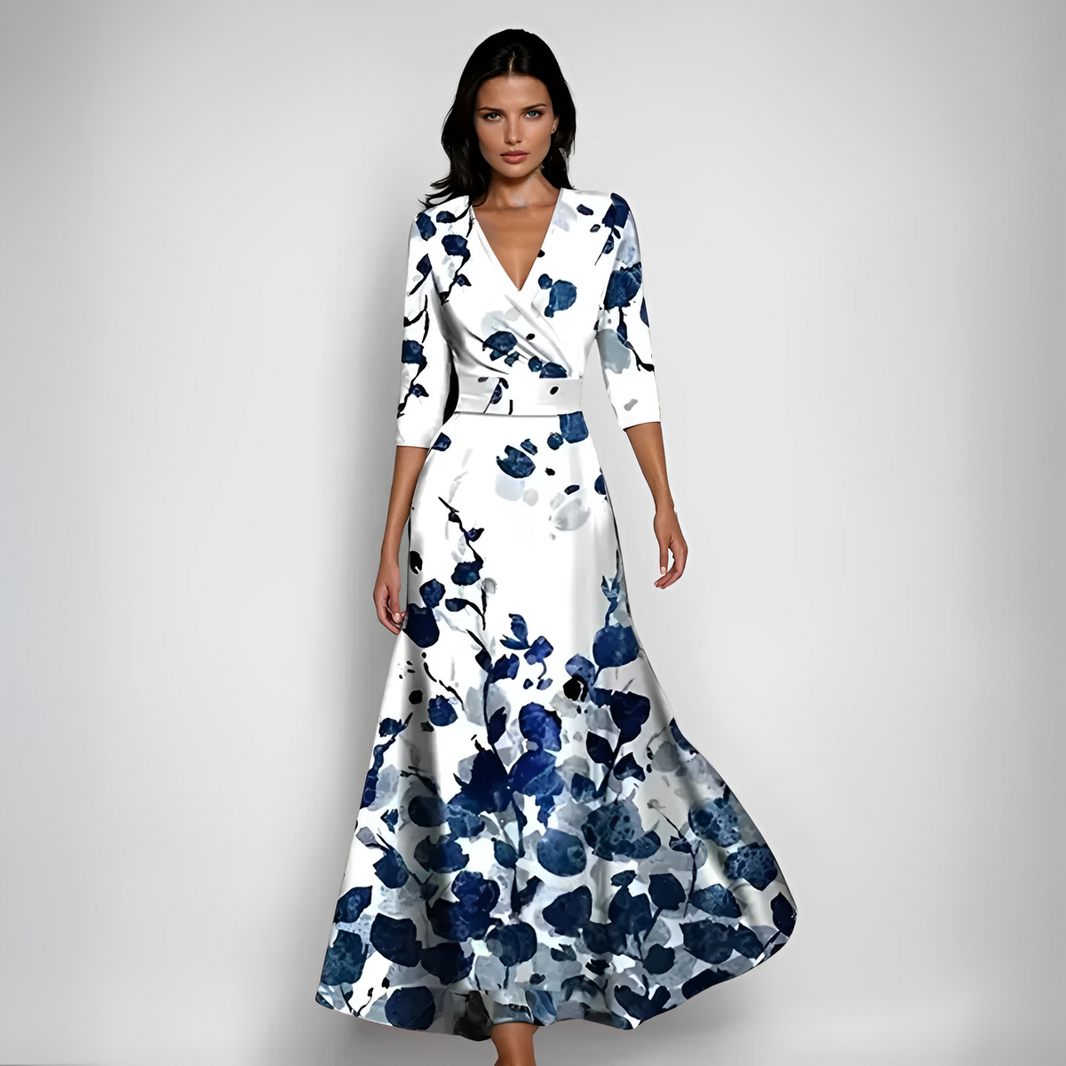 Delores - Langes Kleid mit floraler Gestaltung und langen Ärmeln