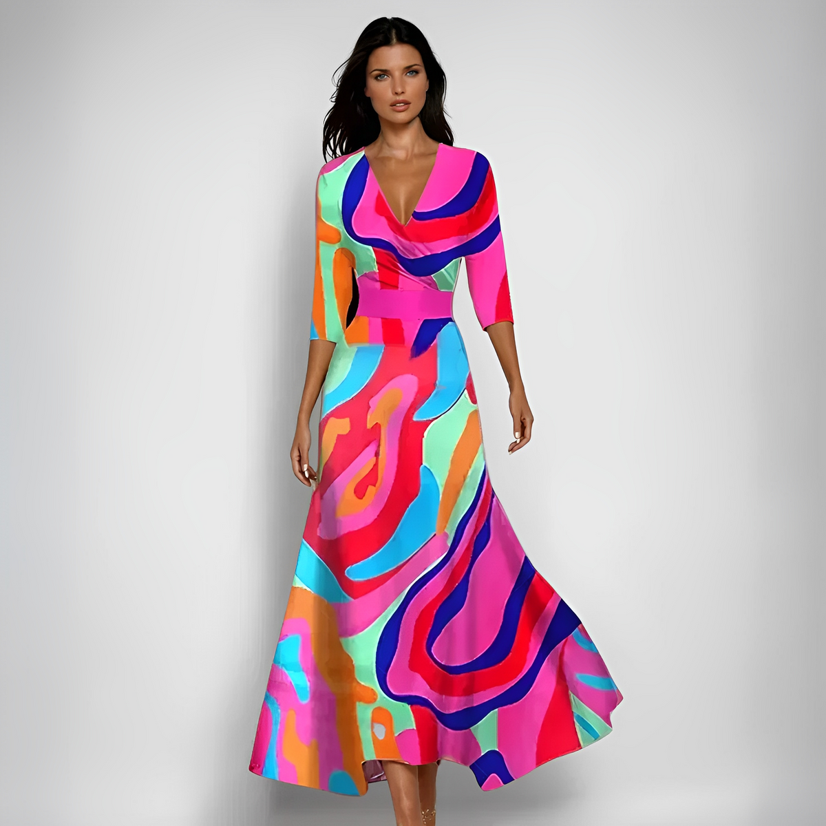 Delores - Langes Kleid mit floraler Gestaltung und langen Ärmeln