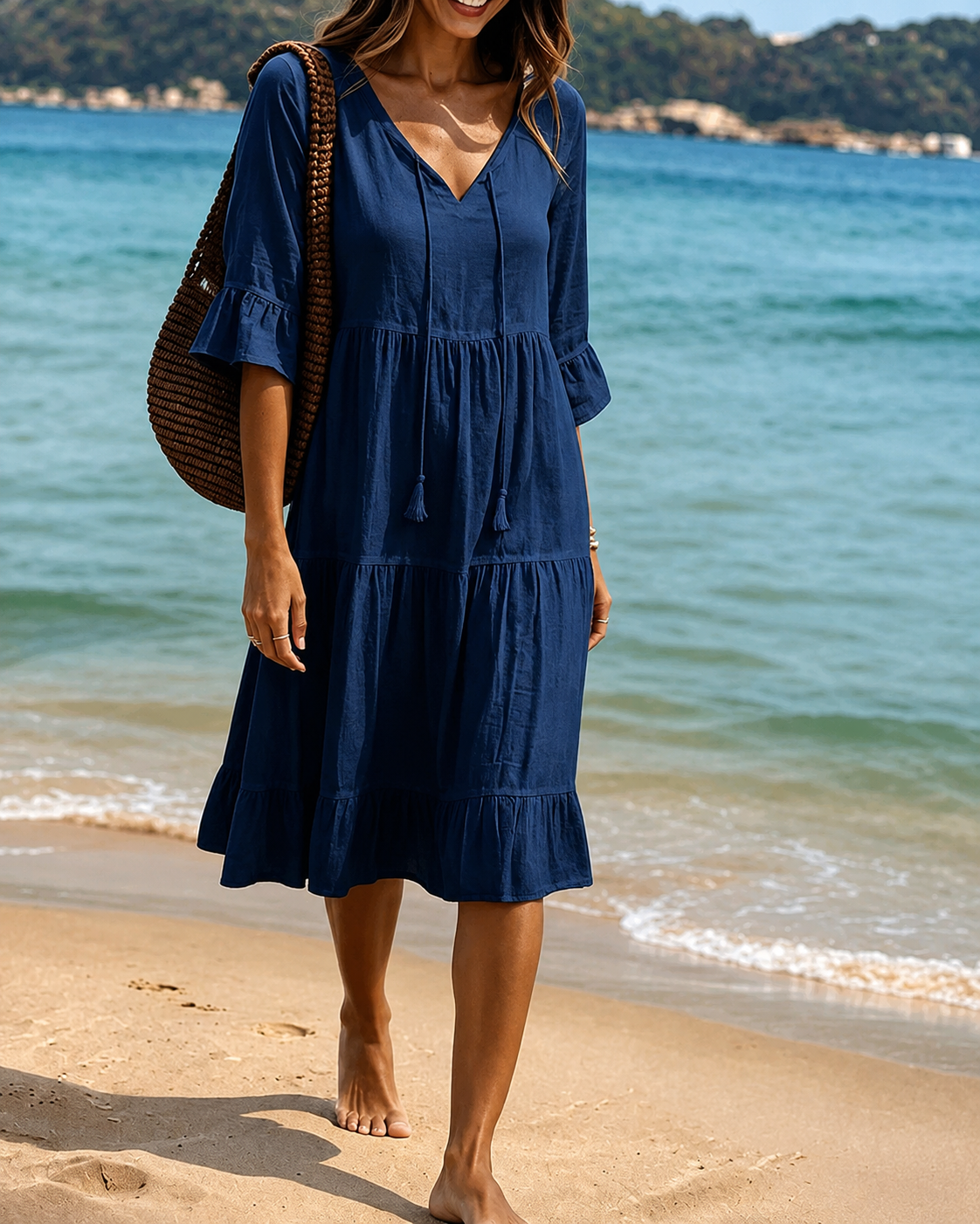 Damen Midikleid – Elegantes V-Ausschnitt-Kleid mit Taillenband für Sommer & Anlass