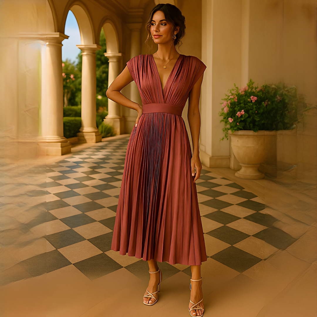 Elvira - Elegantes Plissiertes V-Ausschnitt Midikleid