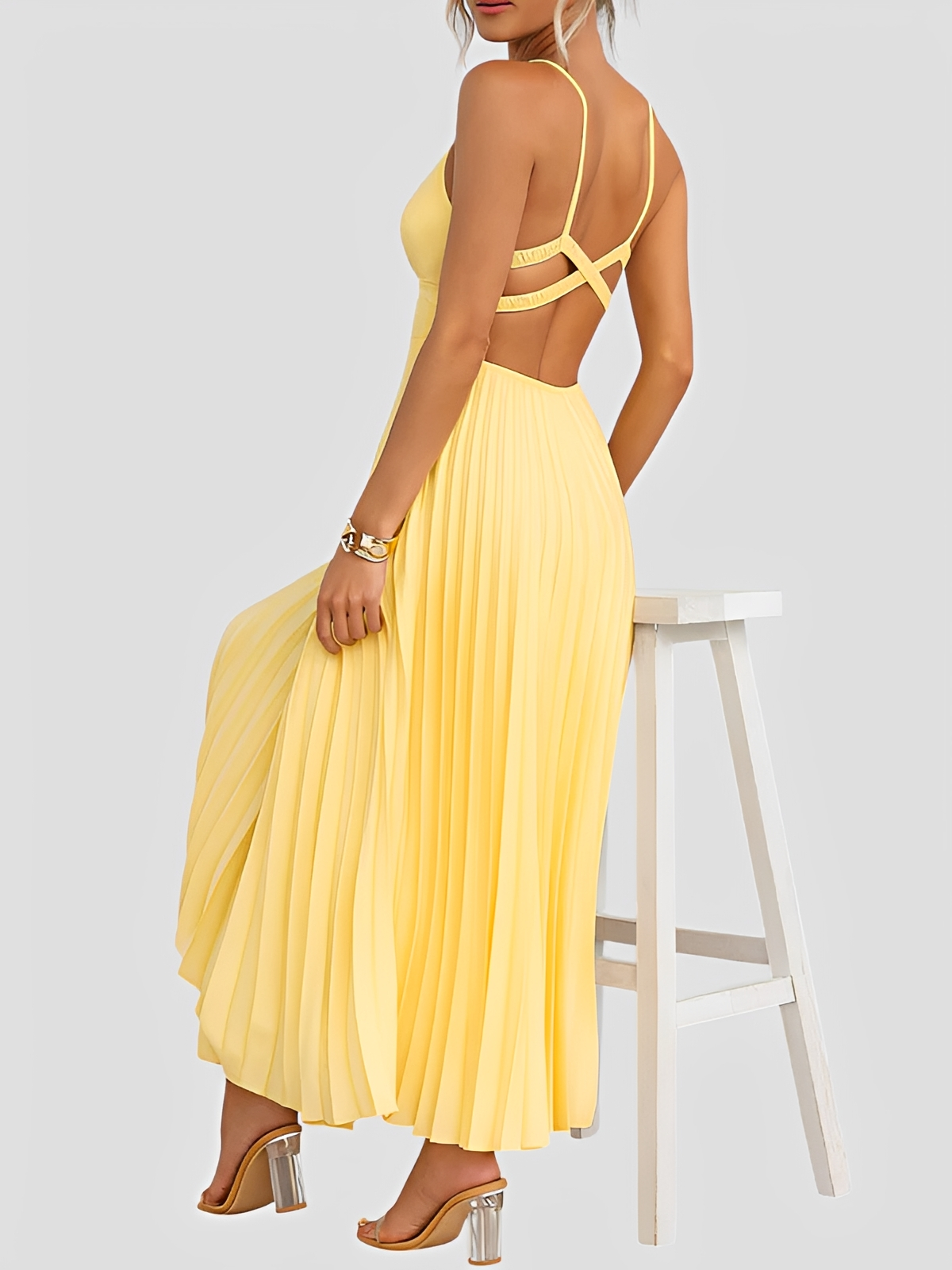 Damen Kleid – Elegantes plissiertes V-Ausschnitt-Kleid für Sommer, Hochzeit & Party