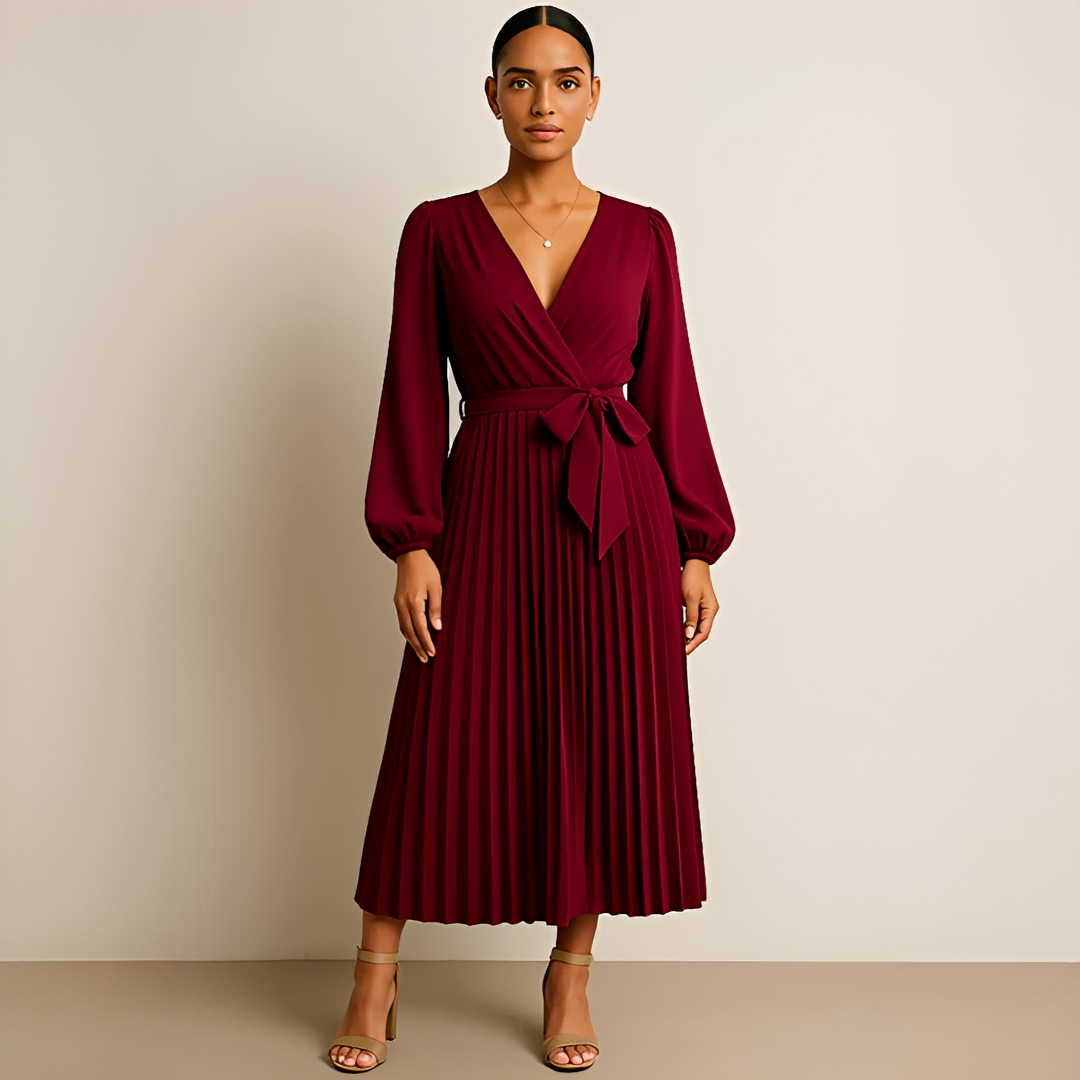 Naomi - Elegantes Plissiertes V-Ausschnitt-Kleid