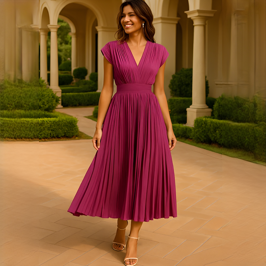Elvira - Elegantes Plissiertes V-Ausschnitt Midikleid