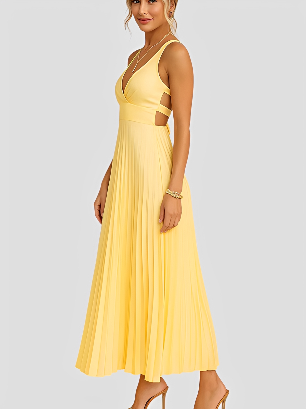 Damen Kleid – Elegantes plissiertes V-Ausschnitt-Kleid für Sommer, Hochzeit & Party
