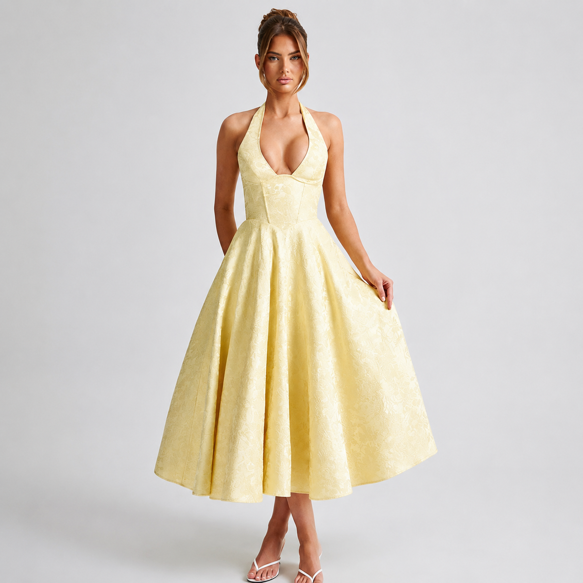 Dahlia - Elegantes ärmelloses Kleid mit V-Ausschnitt und Nackenband