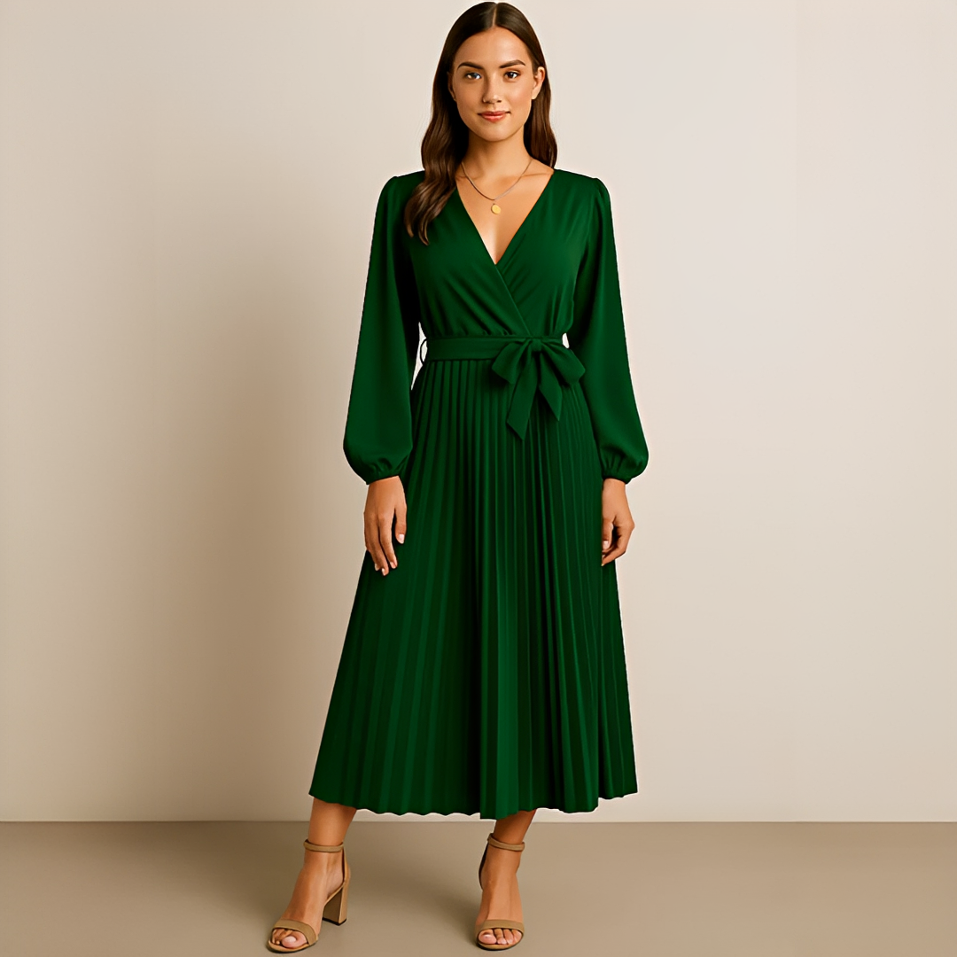 Naomi - Elegantes Plissiertes V-Ausschnitt-Kleid