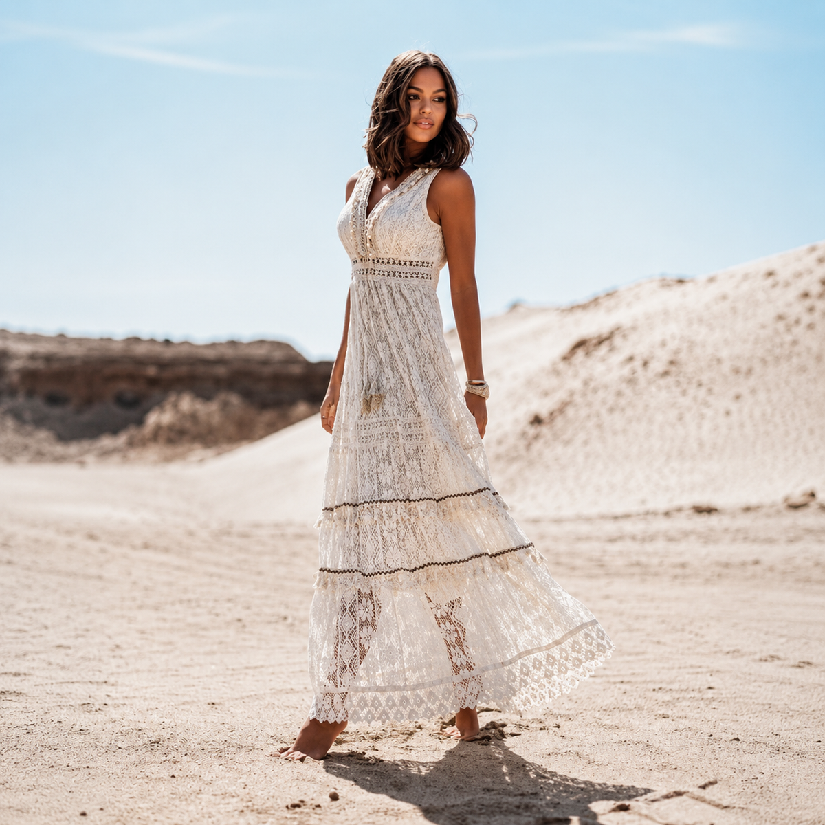 Flossie - Elegantes Maxikleid mit V-Ausschnitt und hoher Taille