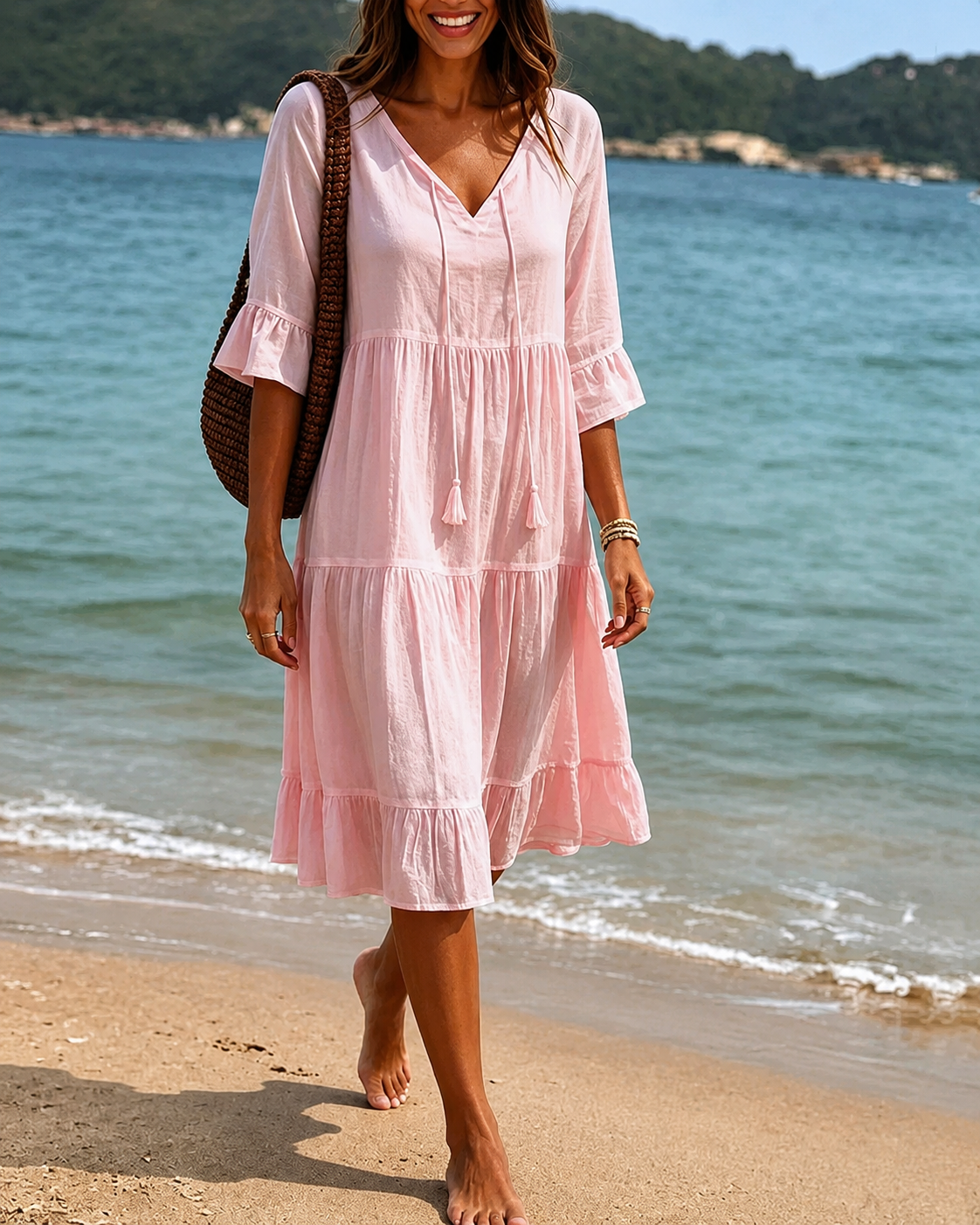 Damen Midikleid – Elegantes V-Ausschnitt-Kleid mit Taillenband für Sommer & Anlass