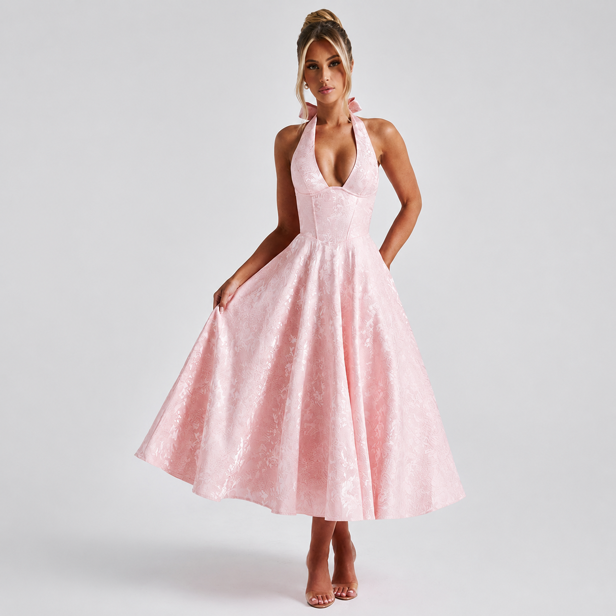 Dahlia - Elegantes ärmelloses Kleid mit V-Ausschnitt und Nackenband