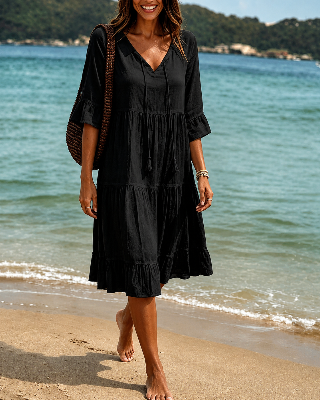 Damen Midikleid – Elegantes V-Ausschnitt-Kleid mit Taillenband für Sommer & Anlass