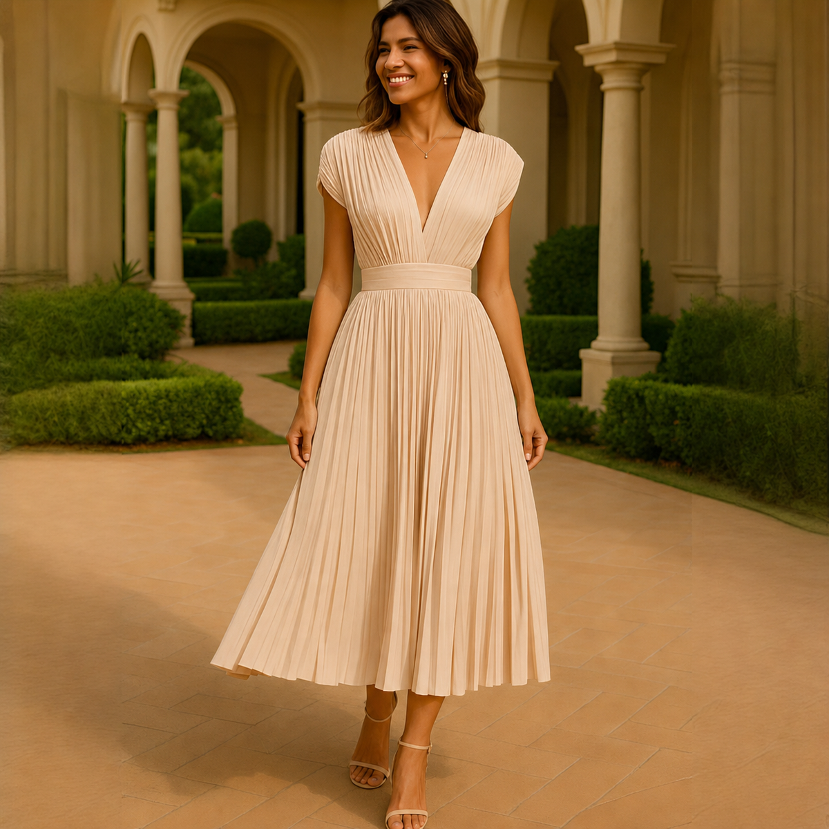 Elvira - Elegantes Plissiertes V-Ausschnitt Midikleid