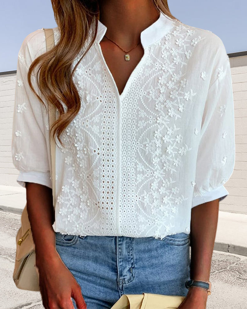 Damen Bluse – Bestickte V-Ausschnitt-Bluse für Büro, Freizeit & Alltag