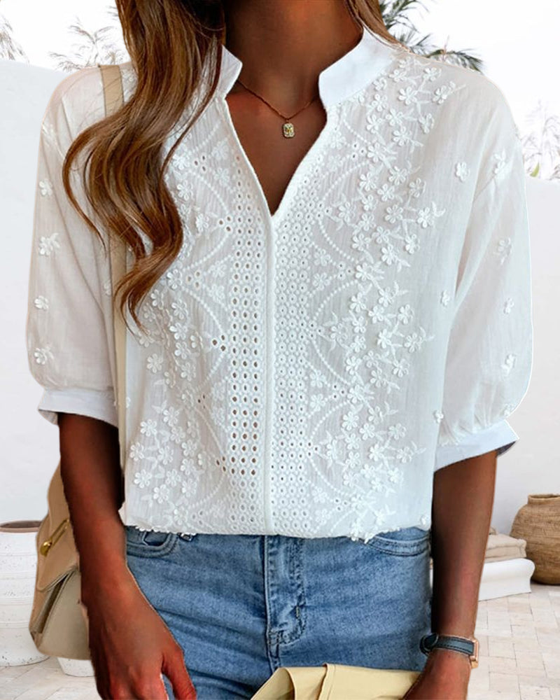Damen Bluse – Bestickte V-Ausschnitt-Bluse für Büro, Freizeit & Alltag