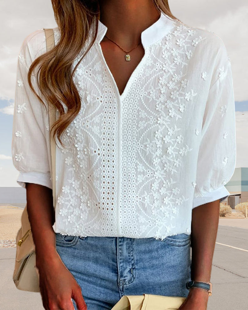 Damen Bluse – Bestickte V-Ausschnitt-Bluse für Büro, Freizeit & Alltag
