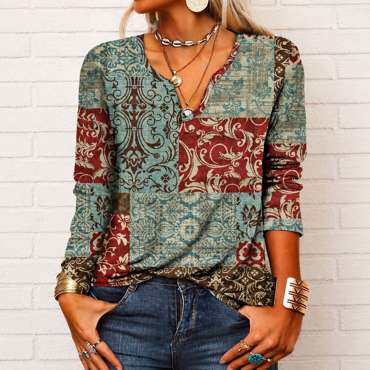 Katharina - Boho-Top mit langen Ärmeln und V-Ausschnitt