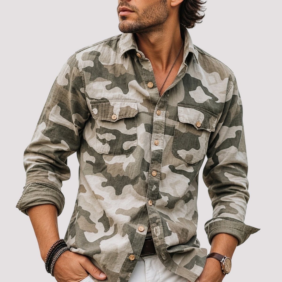 Jeffrey - Cargohemd mit Camouflagemuster und Reverskragen