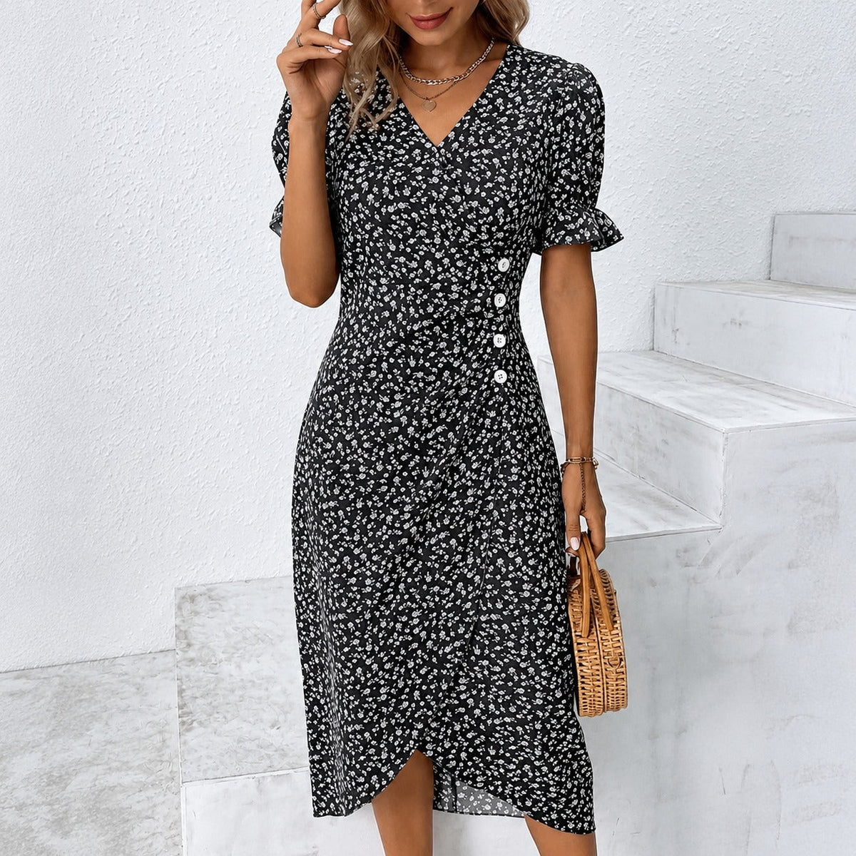 Gabriella - Elegantes Kleid mit Blumendesign und asymmetrischer Form