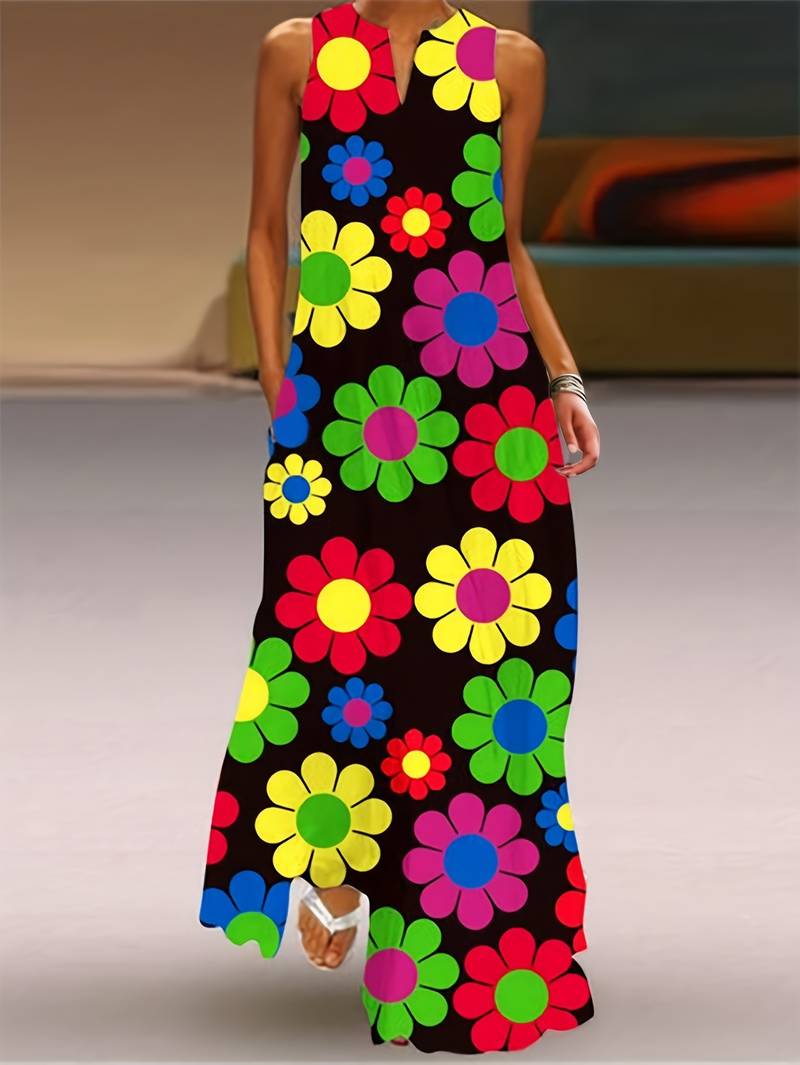 Damen Blumenkleid – Langes florales Kleid mit tiefem Ausschnitt für Sommer & Urlaub